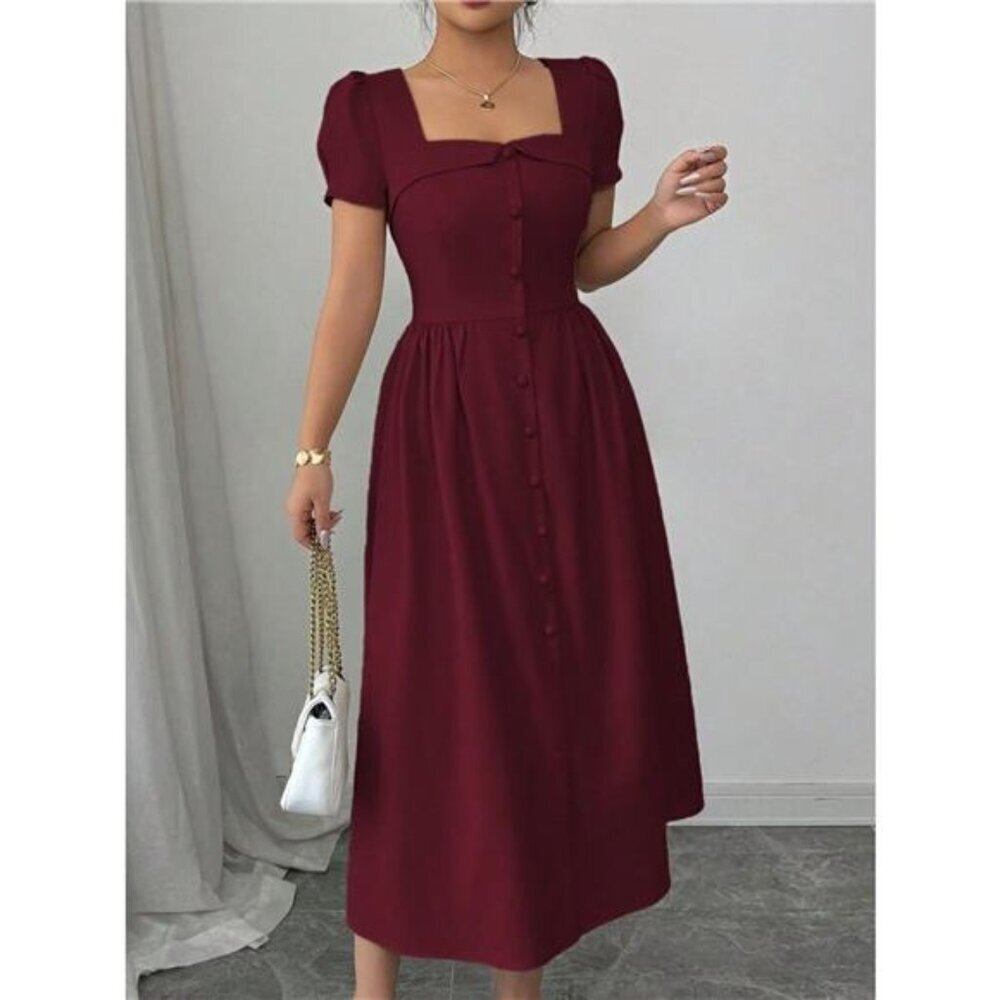 Square Neck Puff Sleeve Midi Dress